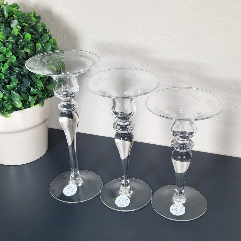 Princess House Heritage Etched Glass Candle Holders Set of 3 Graduated Heights